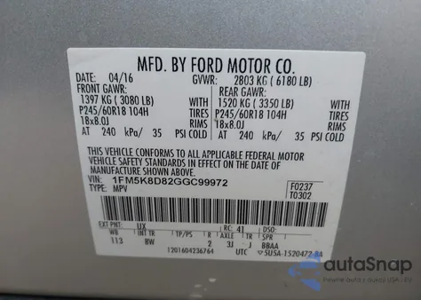 2016 Ford Explorer Xlt из США, поврежденный, VIN 1FM5K8D82GGC99972